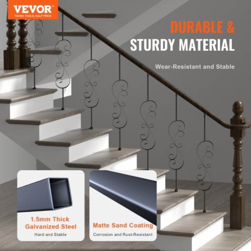 Μεταλλικά κάγκελα VEVOR Staircase, 44'' x 1/2" Διακοσμητικές άξονες από γαλβανισμένο χάλυβα, 5 Pack S Shape Deck Baluster, Κοίλο σατέν μαύρο σπειροειδές κιγκλίδωμα σκάλας με παπούτσια & βίδες
