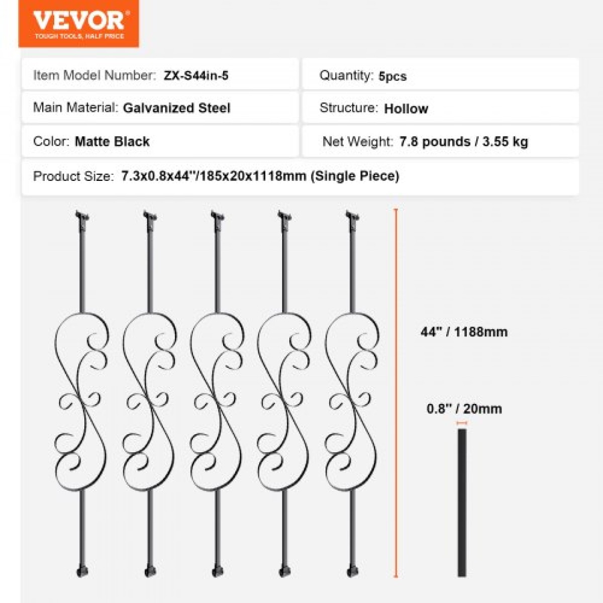 Μεταλλικά κάγκελα VEVOR Staircase, 44'' x 1/2" Διακοσμητικές άξονες από γαλβανισμένο χάλυβα, 5 Pack S Shape Deck Baluster, Κοίλο σατέν μαύρο σπειροειδές κιγκλίδωμα σκάλας με παπούτσια & βίδες