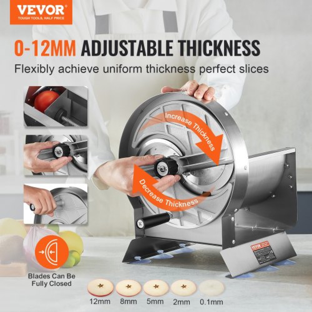 VEVOR Manual Vegetable Fruit Slicer, 0-0,5"/0-12mm Thickness Adjustable Commercial Slicer Machine, Food Cutter Machine από ανοξείδωτο ατσάλι με 2 ανταλλακτικές λεπίδες, για πατάτα, αγγούρι, λεμόνι, ντομάτα