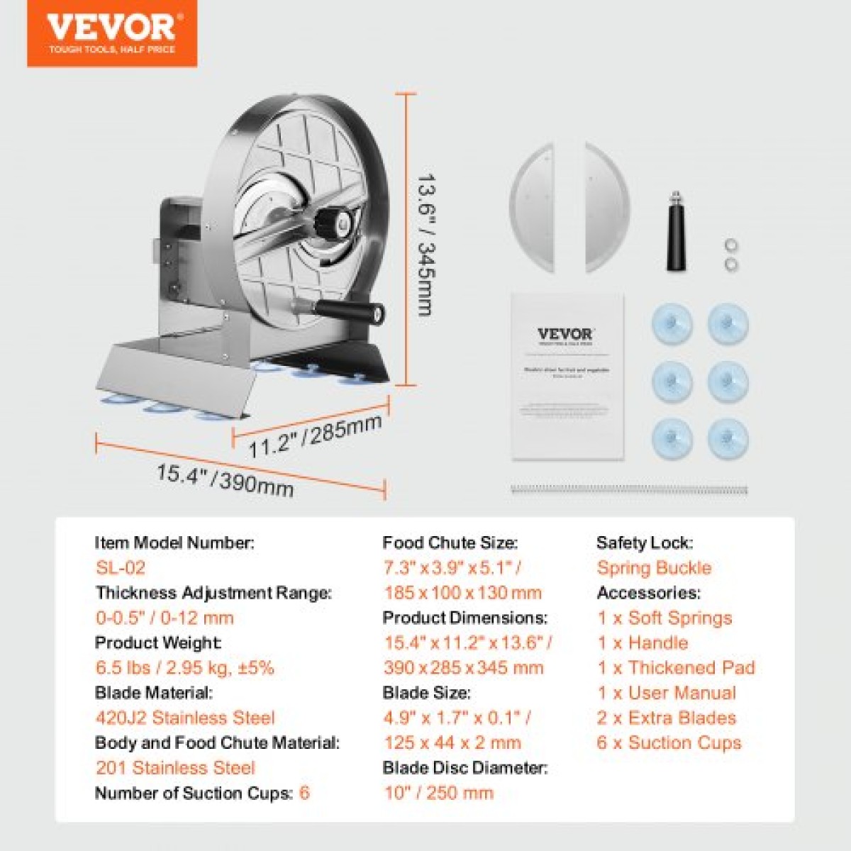 VEVOR Manual Vegetable Fruit Slicer, 0-0,5"/0-12mm Thickness Adjustable Commercial Slicer Machine, Food Cutter Machine από ανοξείδωτο ατσάλι με 2 ανταλλακτικές λεπίδες, για πατάτα, αγγούρι, λεμόνι, ντομάτα