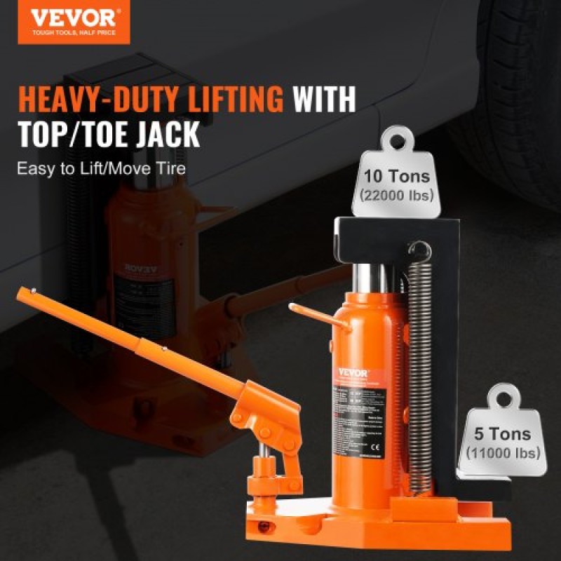 VEVOR Hydraulic Toe Jack, 5 Ton/4536 kg On Toe Jack Lift, 10 Ton/9072 kg Χωρητικότητα μηχανήματος ανύψωσης στην κορυφή, 0,8-6,8 ίντσες/2-17,3 cm Ύψος δακτύλων, 11,3-17,3 ίντσες/28,7-43,9 ίντσες/28,7-43,9 εκ.