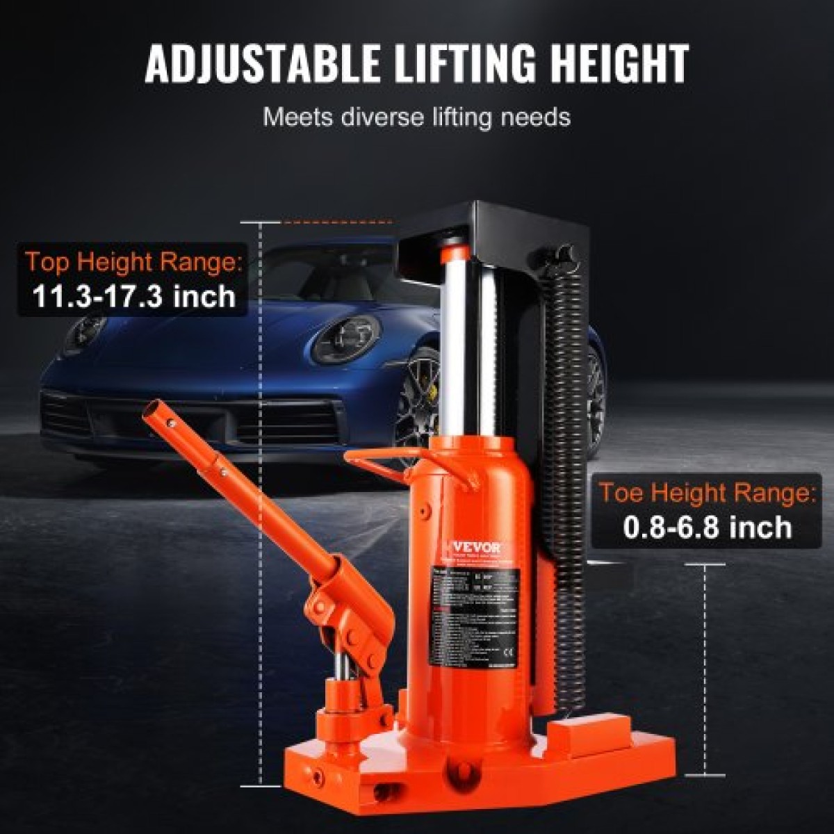 VEVOR Hydraulic Toe Jack, 5 Ton/4536 kg On Toe Jack Lift, 10 Ton/9072 kg Χωρητικότητα μηχανήματος ανύψωσης στην κορυφή, 0,8-6,8 ίντσες/2-17,3 cm Ύψος δακτύλων, 11,3-17,3 ίντσες/28,7-43,9 ίντσες/28,7-43,9 εκ.