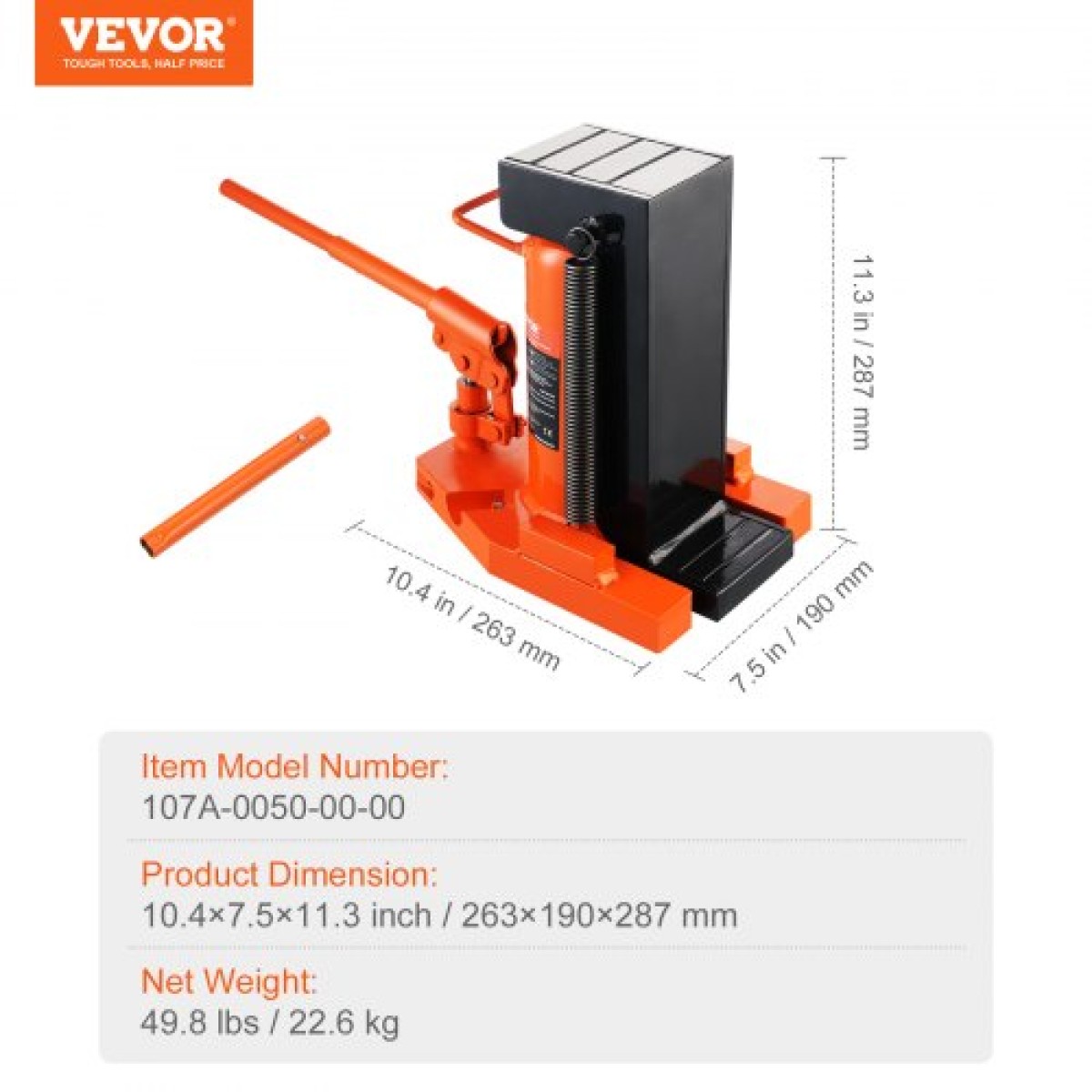 VEVOR Hydraulic Toe Jack, 5 Ton/4536 kg On Toe Jack Lift, 10 Ton/9072 kg Χωρητικότητα μηχανήματος ανύψωσης στην κορυφή, 0,8-6,8 ίντσες/2-17,3 cm Ύψος δακτύλων, 11,3-17,3 ίντσες/28,7-43,9 ίντσες/28,7-43,9 εκ.