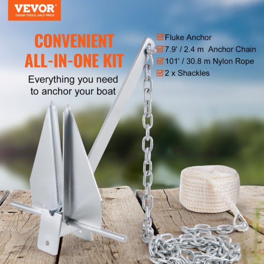 VEVOR Fluke Style Anchor Kit, 13 LBS Hot-Dipped Galvanized Steel Fluke Anchor with 7.9' Chain, 101' Rope and Two 0.4" Shackles, Marine Boat Anchor for Small Vessels Under 30', Seas, Rivers and Shores