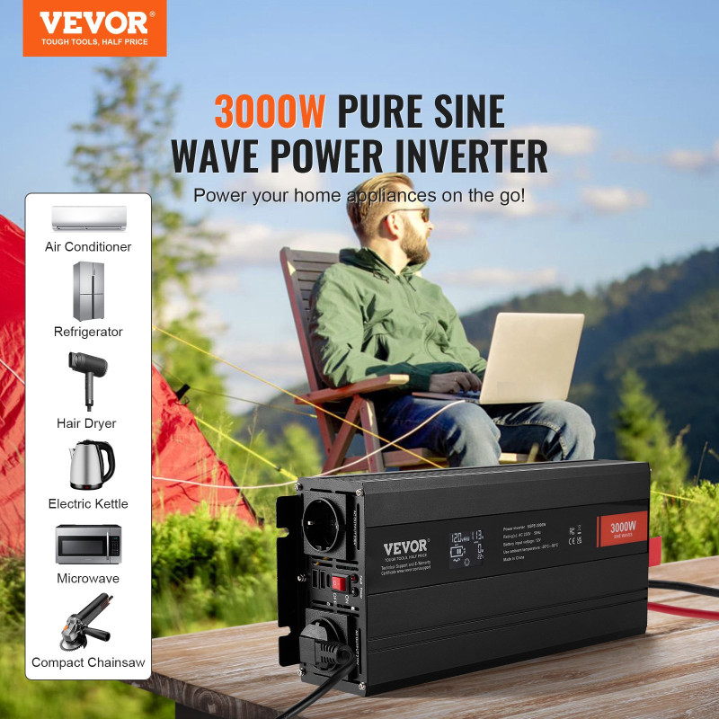 VEVOR Pure Sine Wave Inverter, 3000 Watt, DC 12V to AC 230V Inverter με 2 πρίζες AC 2 θύρα USB 1 θύρα Type-C, οθόνη LCD και τηλεχειριστήριο για μεγάλες οικιακές συσκευές, με πιστοποίηση CE FCC
