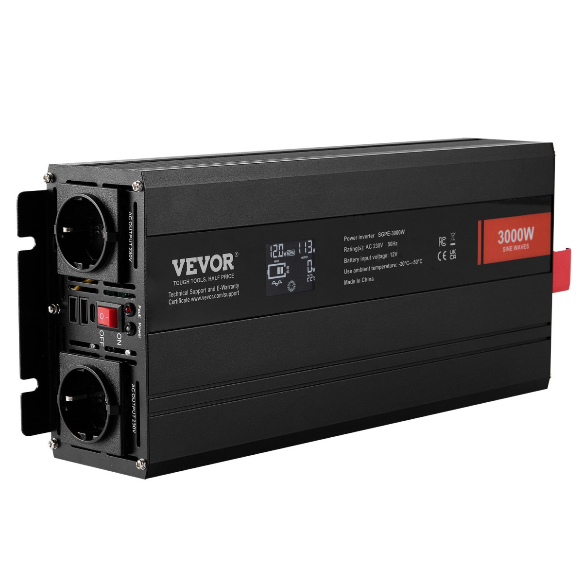 VEVOR Pure Sine Wave Inverter, 3000 Watt, DC 12V to AC 230V Inverter με 2 πρίζες AC 2 θύρα USB 1 θύρα Type-C, οθόνη LCD και τηλεχειριστήριο για μεγάλες οικιακές συσκευές, με πιστοποίηση CE FCC