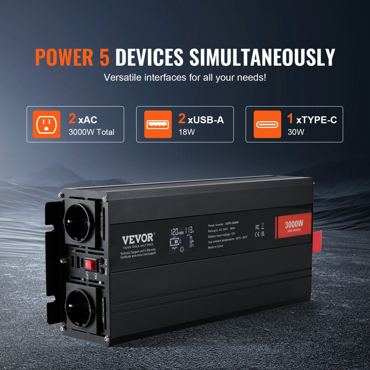 VEVOR Pure Sine Wave Inverter, 3000 Watt, DC 12V to AC 230V Inverter με 2 πρίζες AC 2 θύρα USB 1 θύρα Type-C, οθόνη LCD και τηλεχειριστήριο για μεγάλες οικιακές συσκευές, με πιστοποίηση CE FCC