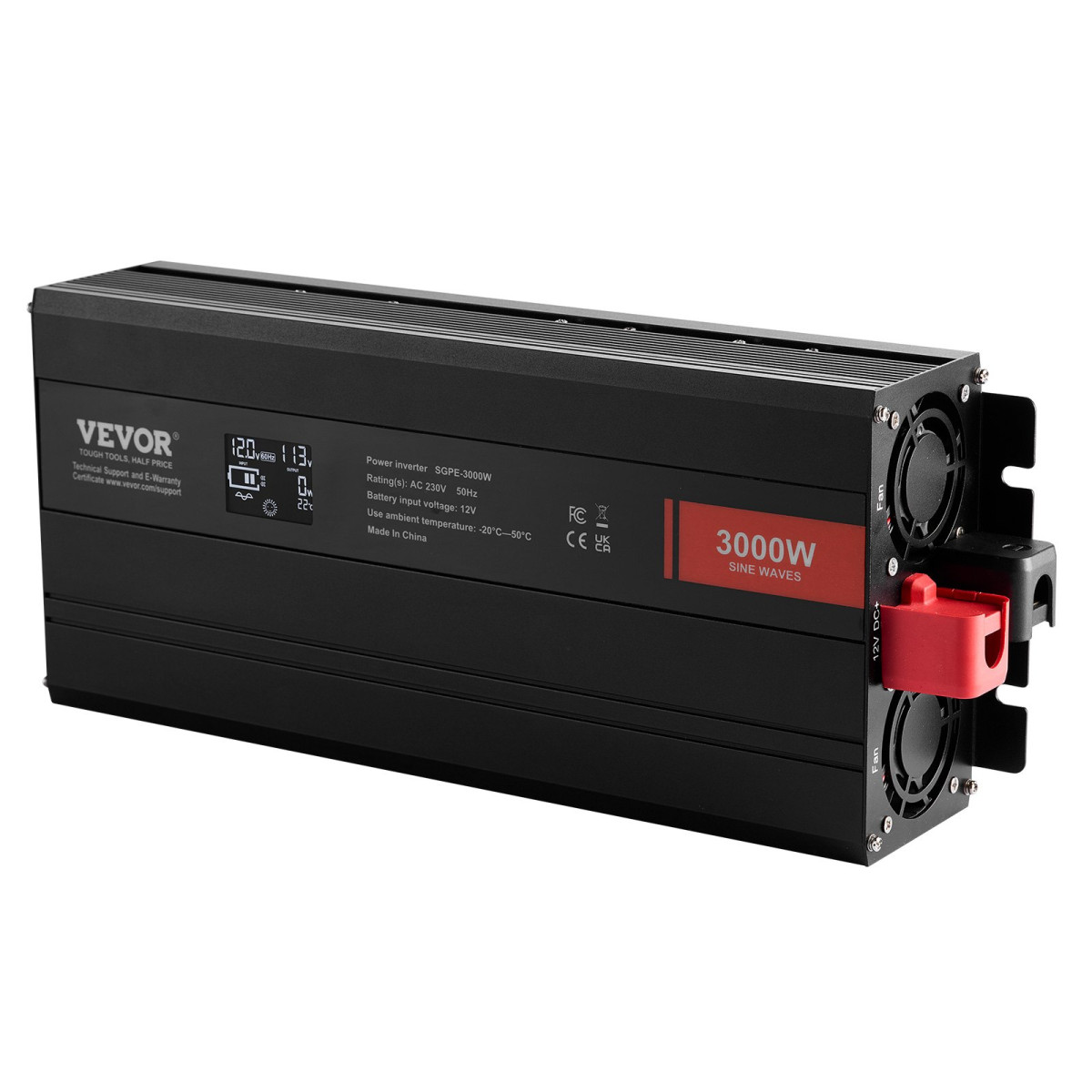VEVOR Pure Sine Wave Inverter, 3000 Watt, DC 12V to AC 230V Inverter με 2 πρίζες AC 2 θύρα USB 1 θύρα Type-C, οθόνη LCD και τηλεχειριστήριο για μεγάλες οικιακές συσκευές, με πιστοποίηση CE FCC