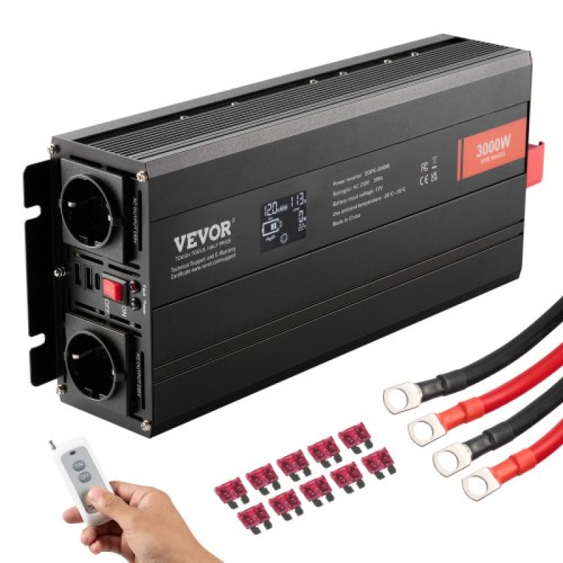 VEVOR Pure Sine Wave Inverter, 3000 Watt, DC 12V to AC 230V Inverter με 2 πρίζες AC 2 θύρα USB 1 θύρα Type-C, οθόνη LCD και τηλεχειριστήριο για μεγάλες οικιακές συσκευές, με πιστοποίηση CE FCC