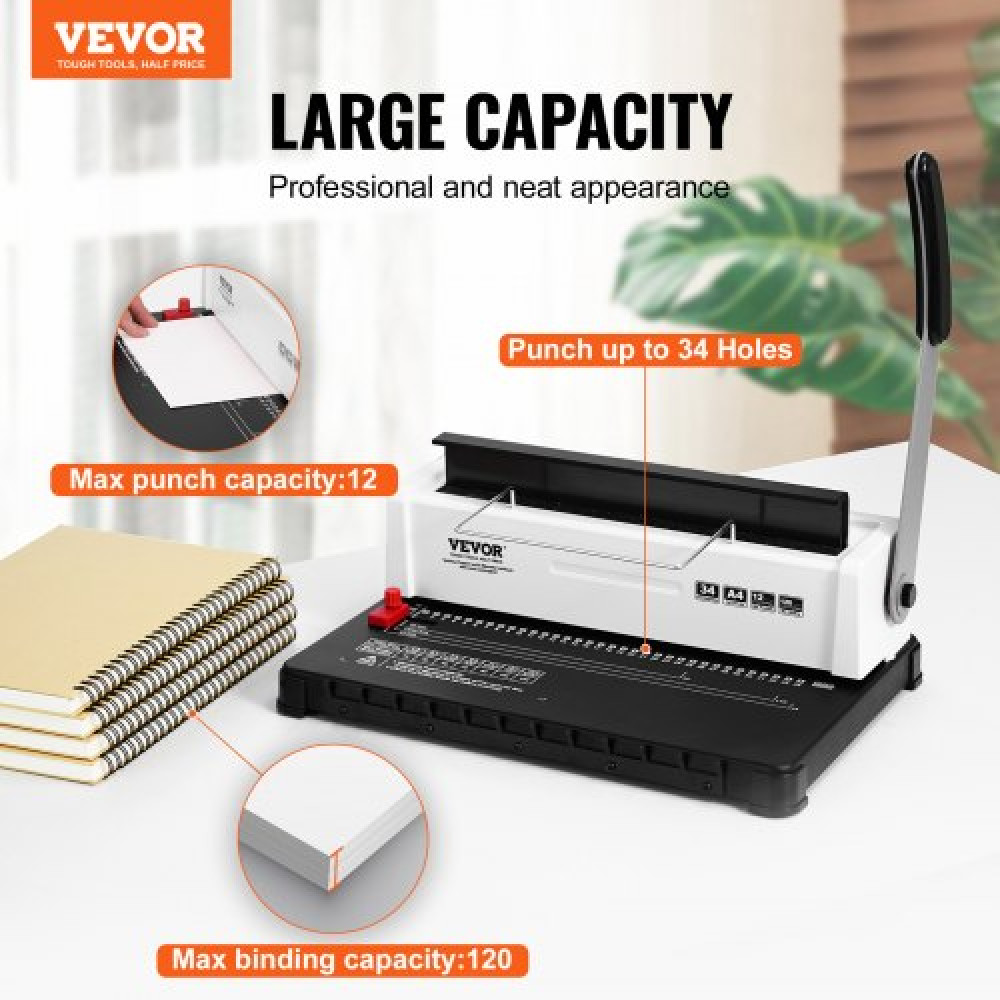 VEVOR Coil Spiral Binding Machine, Manual Book Maker 34-Holes Binding 120 Sheets, Punch Binder Adjustable 4,76 mm - 14,29 mm Coil Binding Spines, for Letter Size, A4, A5.