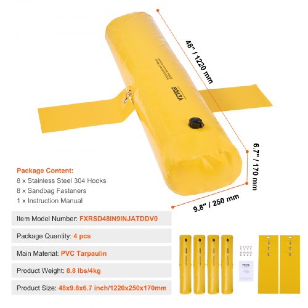 VEVOR Flood Barriers, Sandbag Alternative Flood Bag 4 Pack, Flood Barrier για το σπίτι, Water Barriers για πλημμύρες, Πόρτα, Drive (122 × 25 × 17 cm)