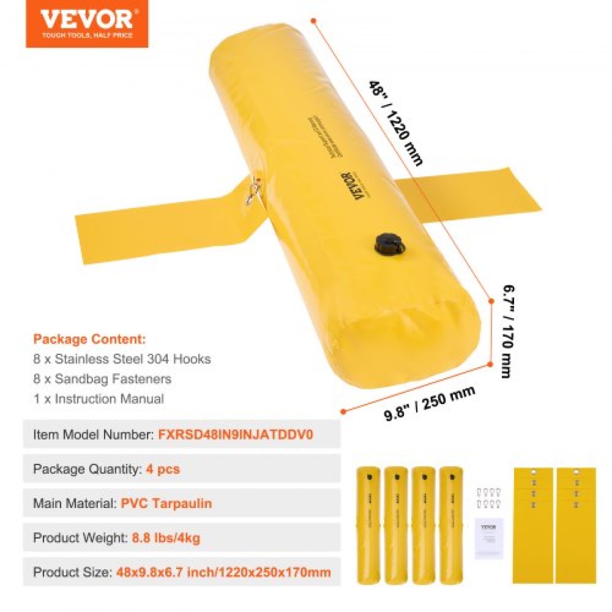VEVOR Flood Barriers, Sandbag Alternative Flood Bag 4 Pack, Flood Barrier για το σπίτι, Water Barriers για πλημμύρες, Πόρτα, Drive (122 × 25 × 17 cm)