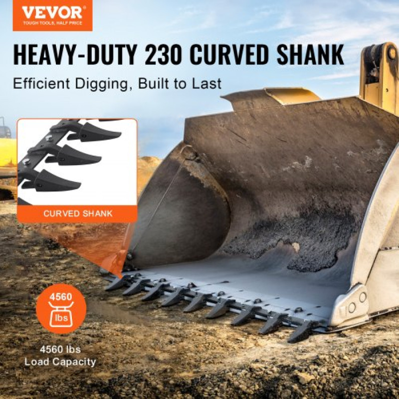 VEVOR Bucket Tooth Bar, 72'', Heavy Duty Tractor Bucket 9 Teeth Bar for Loader Tractor Skidsteer, 4560 lbs Load-Bearing Capacity Bolt On Design, για αποτελεσματική εκσκαφή εδάφους και προστασία του κάδου
