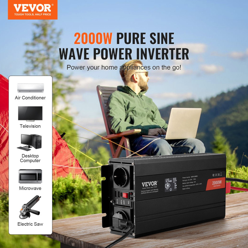 VEVOR Pure Sine Wave Inverter, 2000 Watt, DC 12V to AC 230V Inverter με 2 πρίζες AC 2 θύρα USB 1 θύρα Type-C, οθόνη LCD και τηλεχειριστήριο για μεσαίου μεγέθους οικιακό εξοπλισμό, CE FCC
