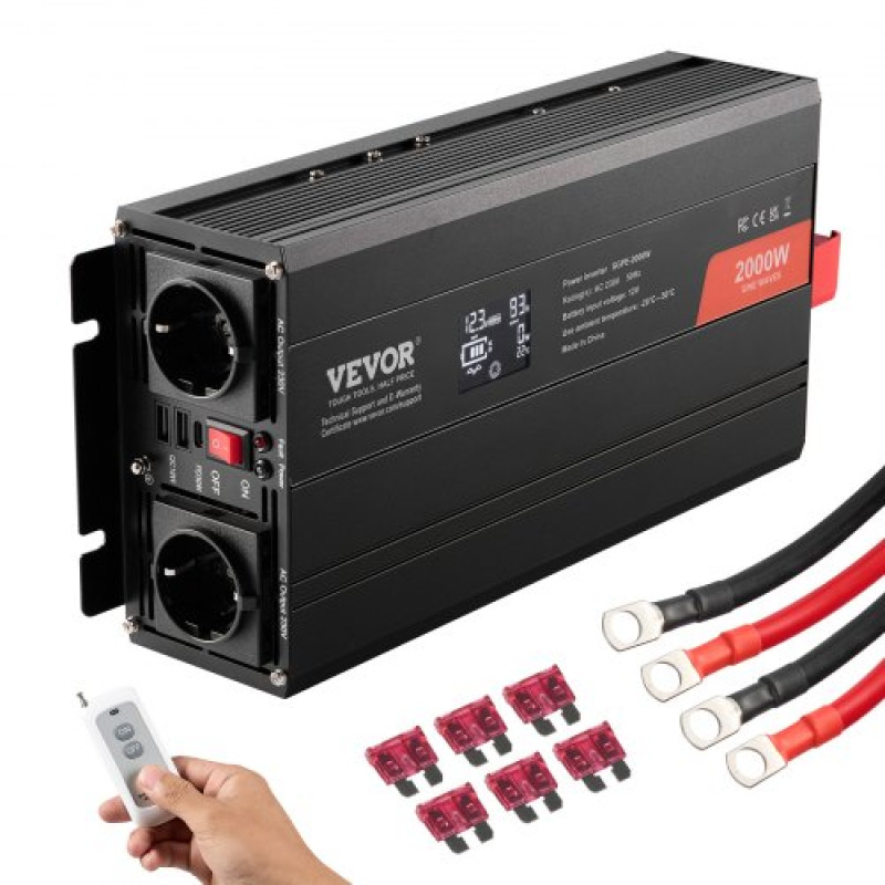 VEVOR Pure Sine Wave Inverter, 2000 Watt, DC 12V to AC 230V Inverter με 2 πρίζες AC 2 θύρα USB 1 θύρα Type-C, οθόνη LCD και τηλεχειριστήριο για μεσαίου μεγέθους οικιακό εξοπλισμό, CE FCC