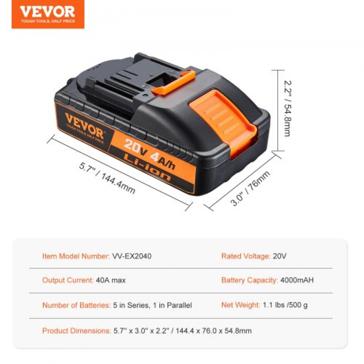 VEVOR 20V 4.0Ah μπαταρία ιόντων λιθίου - Αντικατάσταση μπαταρίας υψηλής χωρητικότητας για μπαταρίες ηλεκτρικών εργαλείων, συμβατή με ηλεκτρικά εργαλεία μπαταρίας 20 V