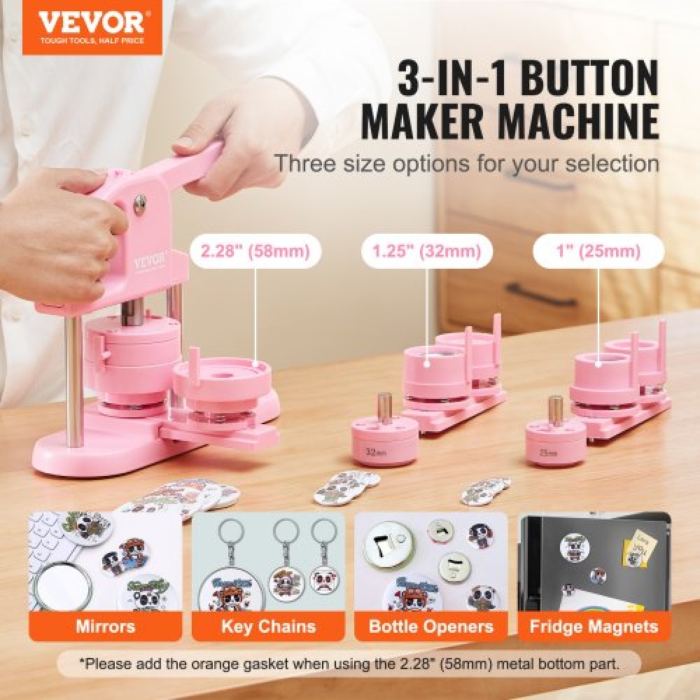 VEVOR Button Maker, 1/1.25/2.28 inch(25/32/58mm) 3-IN-1 Pin Maker, 300pcs Button Parts, Button Maker Machine with Panda Magic Book, Ergonomic Arc Handle Punch Press Kit, For Children DIY Gifts, Pink