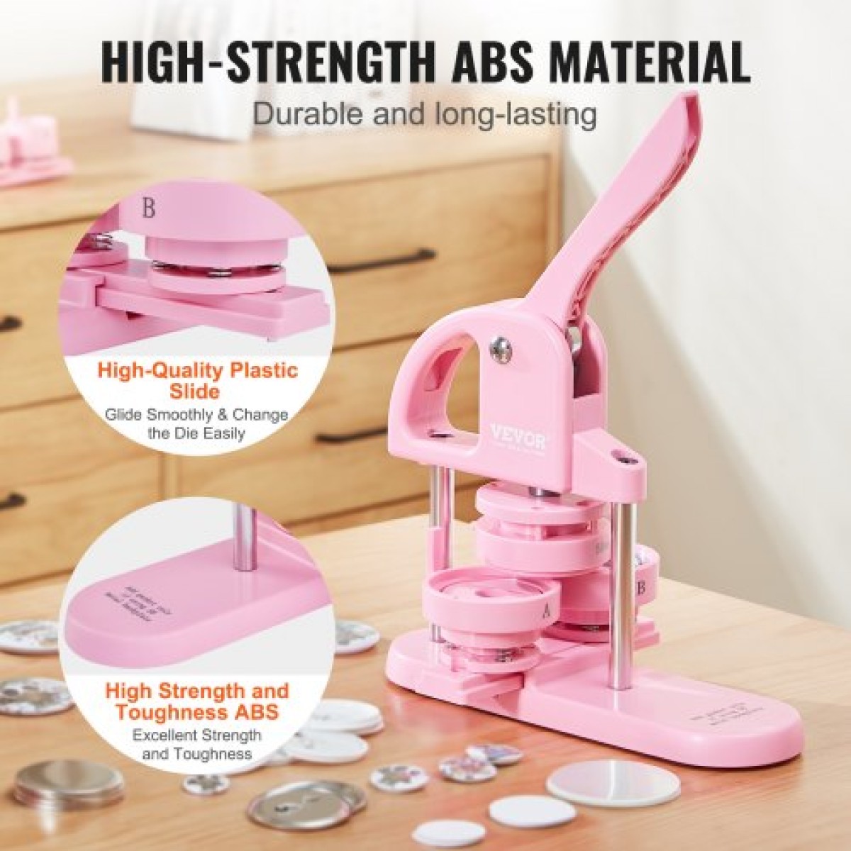 VEVOR Button Maker, 1/1,25/2,28 inch (25/32/58mm) 3-IN-1 Pin Maker, 300pcs Button Parts, Button Maker Machine with Panda Magic Book, Ergonomic Arc Handle Punch Press Kit, For Children DIY Gifts, Pink