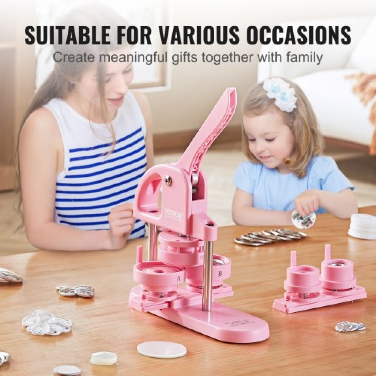 VEVOR Button Maker, 1/1,25/2,28 inch (25/32/58mm) 3-IN-1 Pin Maker, 300pcs Button Parts, Button Maker Machine with Panda Magic Book, Ergonomic Arc Handle Punch Press Kit, For Children DIY Gifts, Pink