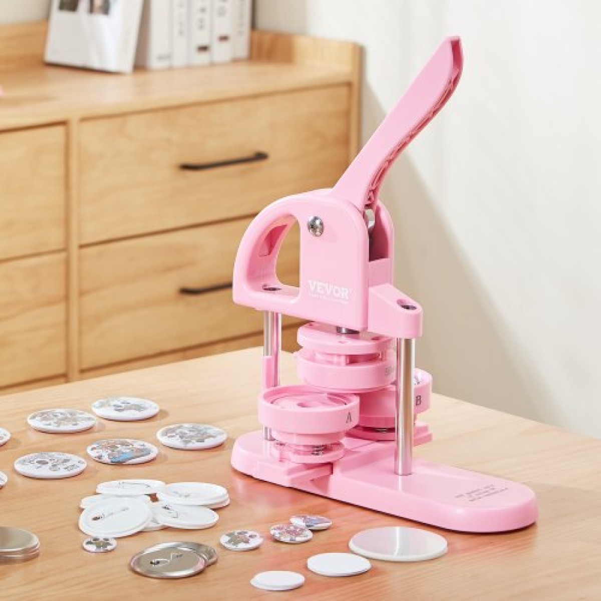 VEVOR Button Maker, 1/1,25/2,28 inch (25/32/58mm) 3-IN-1 Pin Maker, 300pcs Button Parts, Button Maker Machine with Panda Magic Book, Ergonomic Arc Handle Punch Press Kit, For Children DIY Gifts, Pink
