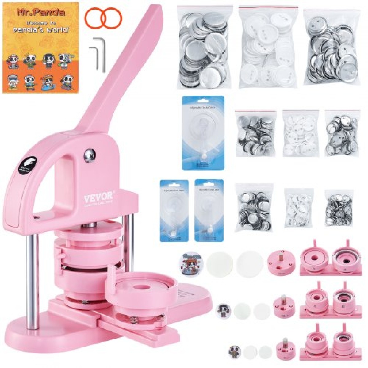 VEVOR Button Maker, 1/1,25/2,28 inch (25/32/58mm) 3-IN-1 Pin Maker, 300pcs Button Parts, Button Maker Machine with Panda Magic Book, Ergonomic Arc Handle Punch Press Kit, For Children DIY Gifts, Pink