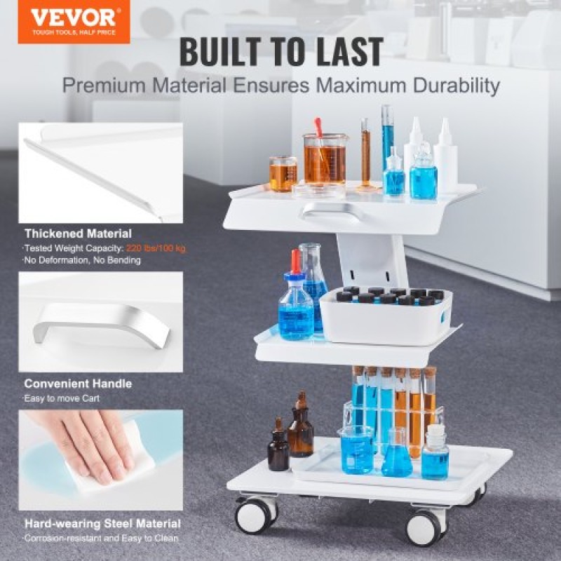 VEVOR Lab Trolley, 3-Layer Rolling Lab Cart, Metal Mobile Trolley with Swivel Wheels, Tray Rolling Cart Clinic Cart 100 kg Weight, for Lab, Clinic, Beauty and Salon