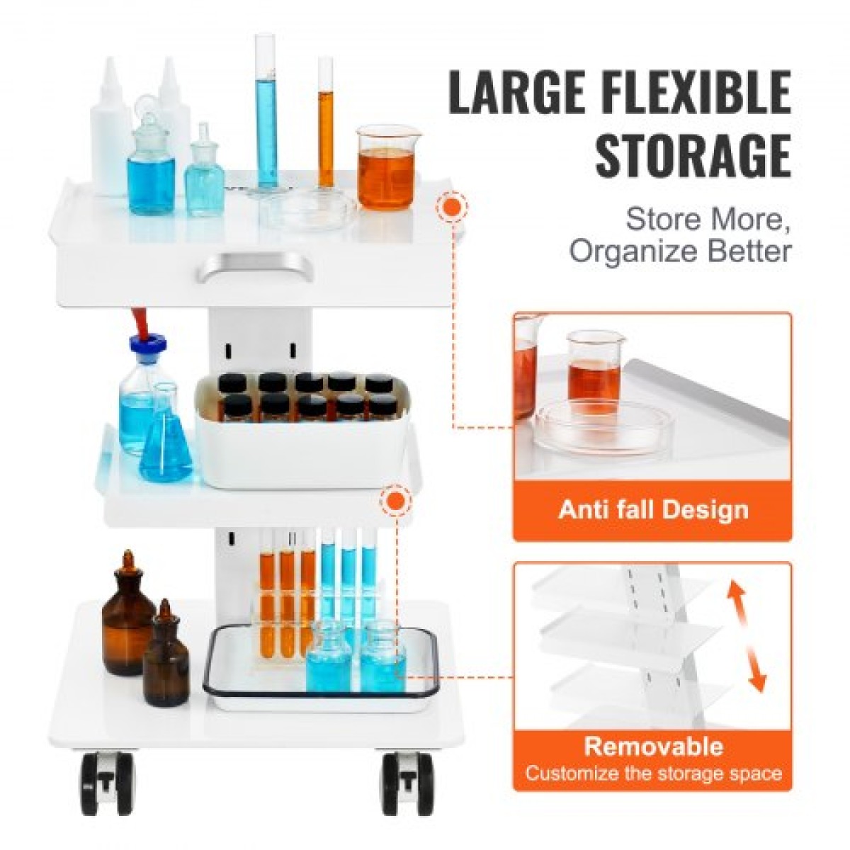 VEVOR Lab Trolley, 3-Layer Rolling Lab Cart, Metal Mobile Trolley with Swivel Wheels, Tray Rolling Cart Clinic Cart 100 kg Weight, for Lab, Clinic, Beauty and Salon