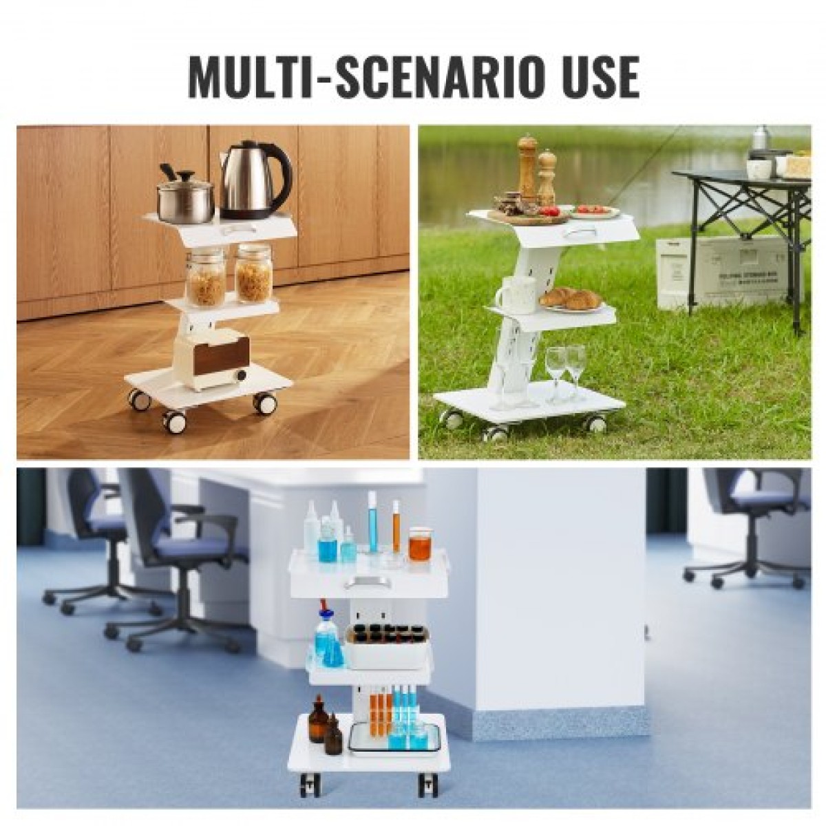 VEVOR Lab Trolley, 3-Layer Rolling Lab Cart, Metal Mobile Trolley with Swivel Wheels, Tray Rolling Cart Clinic Cart 100 kg Weight, for Lab, Clinic, Beauty and Salon