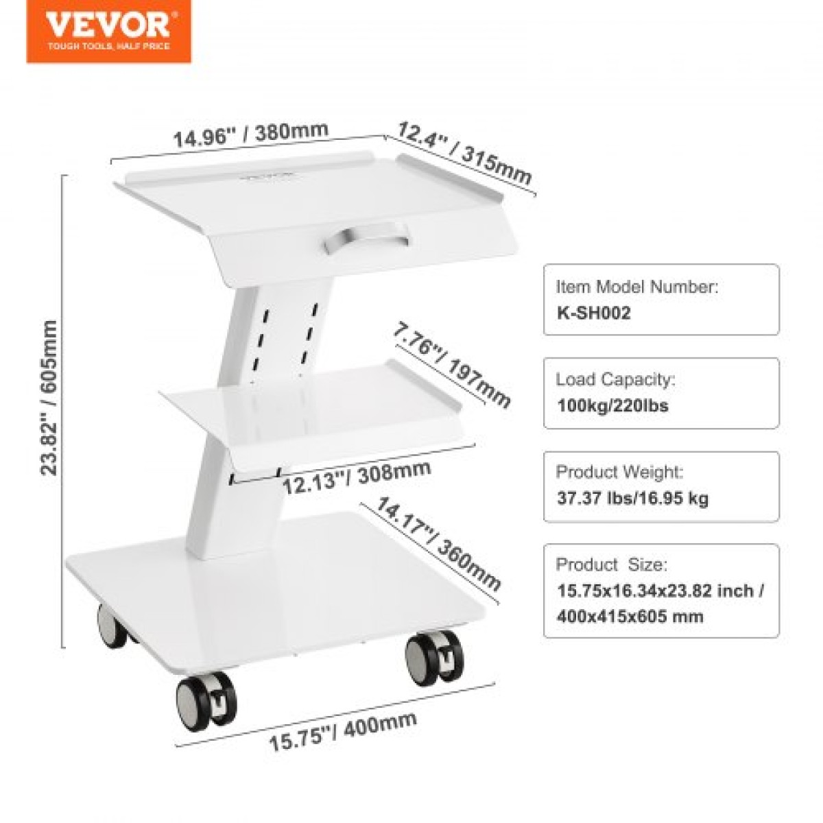 VEVOR Lab Trolley, 3-Layer Rolling Lab Cart, Metal Mobile Trolley with Swivel Wheels, Tray Rolling Cart Clinic Cart 100 kg Weight, for Lab, Clinic, Beauty and Salon