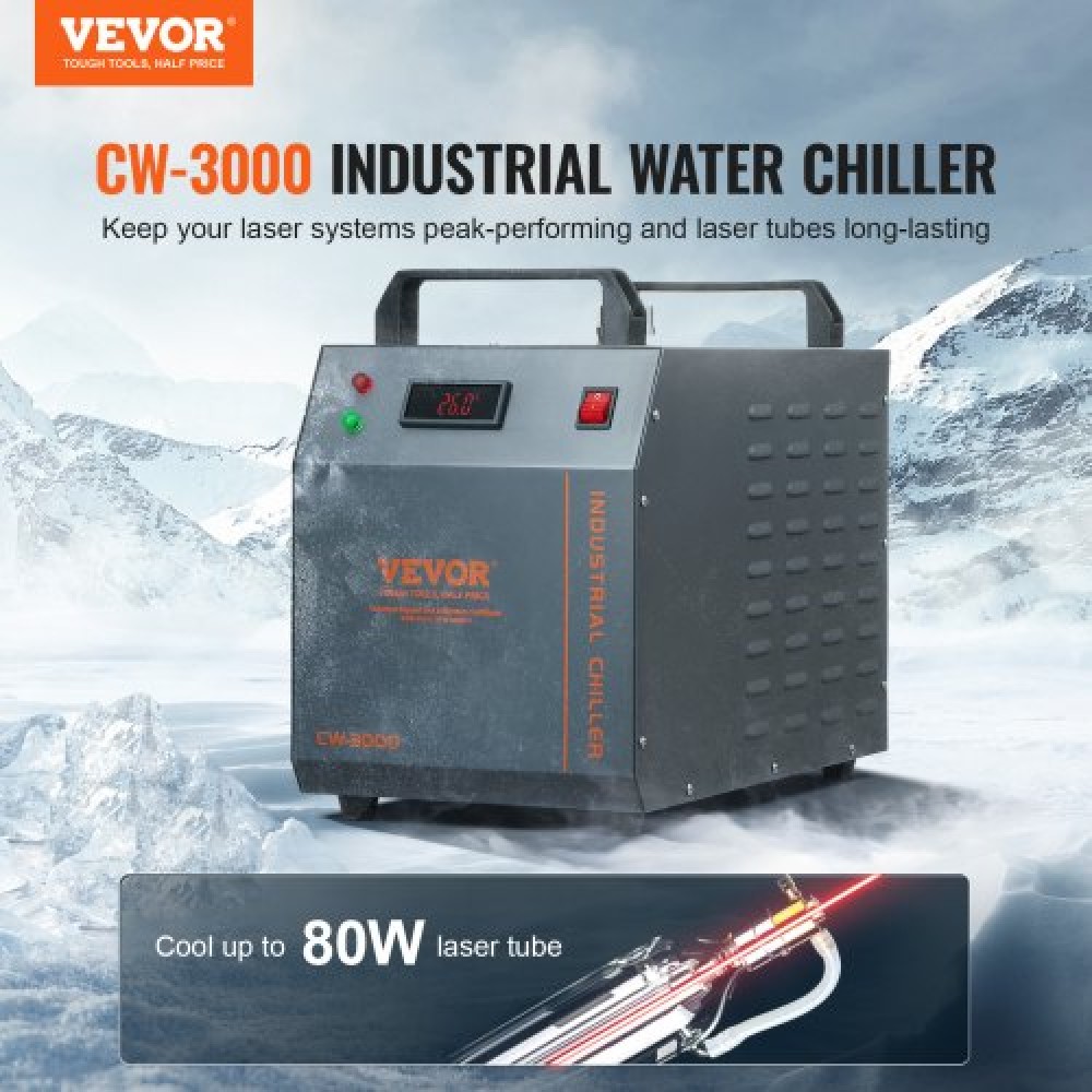 VEVOR Industrial Water Chiller CW-3000 Air-cooled Industrial Water Chiller Cooling System with 12L Water Tank Capacity, 12L/min Max. Flow Rate, for Laser Engraving Machine Cooling Machine Laser Tube