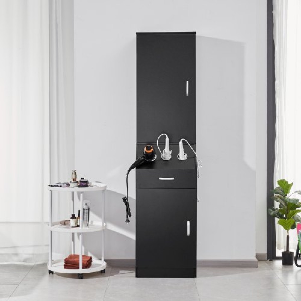 Ντουλάπα αποθήκευσης VEVOR Salon, Barber Salon Station for Hair Stylist, Hair Stylist Station Set, με 3 θήκες για πιστολάκι μαλλιών, ντουλάπια και ένα συρτάρι, μαύρο