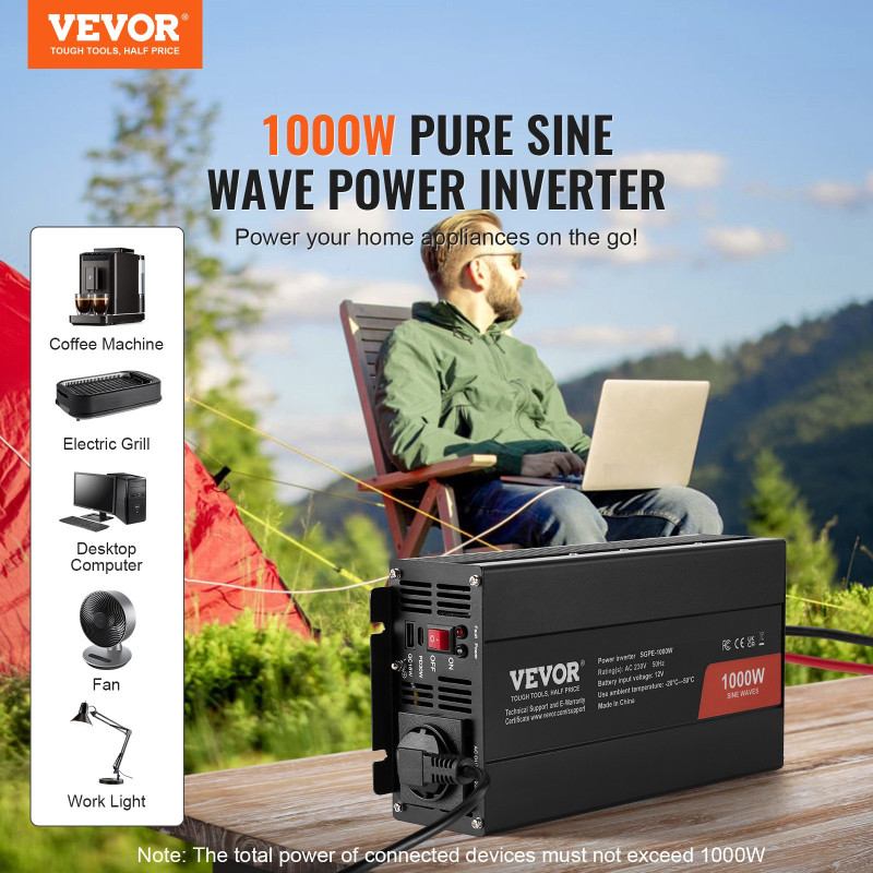 VEVOR Pure Sine Wave Inverter, 1000 Watt, DC 12V σε AC 230V Μετατροπέας ισχύος με 2 πρίζες AC 2 θύρες USB 1 θύρα Type-C, Τηλεχειριστήριο για μικρές οικιακές συσκευές όπως φορητός υπολογιστής Smartphone, Πιστοποίηση CE FCC