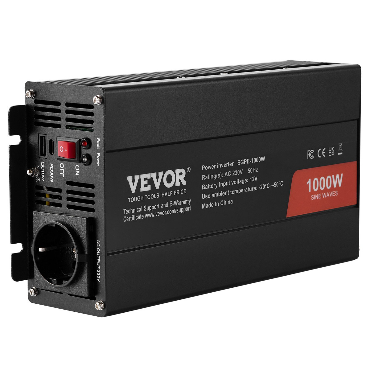VEVOR Pure Sine Wave Inverter, 1000 Watt, DC 12V σε AC 230V Μετατροπέας ισχύος με 2 πρίζες AC 2 θύρες USB 1 θύρα Type-C, Τηλεχειριστήριο για μικρές οικιακές συσκευές όπως φορητός υπολογιστής Smartphone, Πιστοποίηση CE FCC