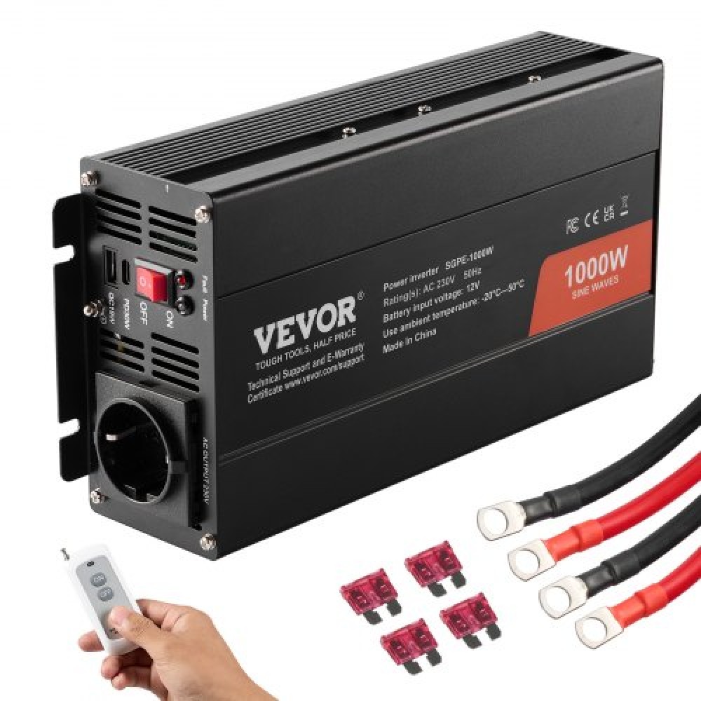 VEVOR Pure Sine Wave Power Inverter 1000W DC12V to AC230V Remote Control CE FCC
