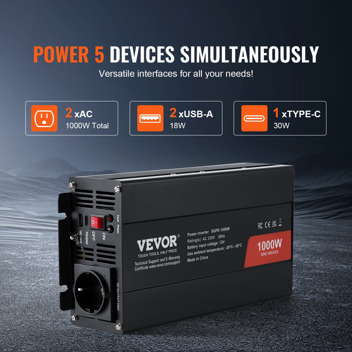 VEVOR Pure Sine Wave Inverter, 1000 Watt, DC 12V σε AC 230V Μετατροπέας ισχύος με 2 πρίζες AC 2 θύρες USB 1 θύρα Type-C, Τηλεχειριστήριο για μικρές οικιακές συσκευές όπως φορητός υπολογιστής Smartphone, Πιστοποίηση CE FCC