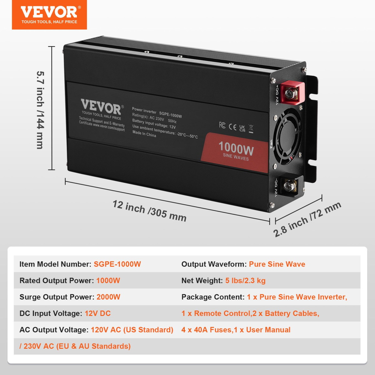 VEVOR Pure Sine Wave Inverter, 1000 Watt, DC 12V σε AC 230V Μετατροπέας ισχύος με 2 πρίζες AC 2 θύρες USB 1 θύρα Type-C, Τηλεχειριστήριο για μικρές οικιακές συσκευές όπως φορητός υπολογιστής Smartphone, Πιστοποίηση CE FCC