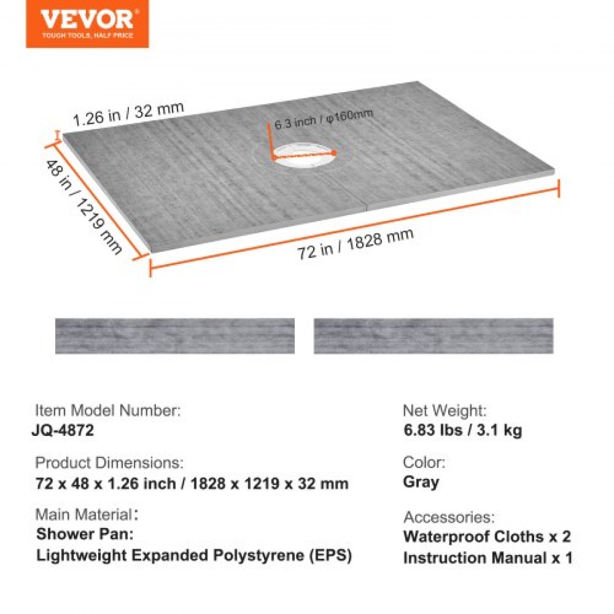 Κιτ ντουζιέρας VEVOR, 1219x1828mm Κιτ ντουζιέρας με κεντρική αποχέτευση 160mm, Ελαφρύ κιτ εγκατάστασης ντους EPS με 2 αδιάβροχα πανιά, μπαστούνια ντους Slope Sticks Κατάλληλα για μπάνιο