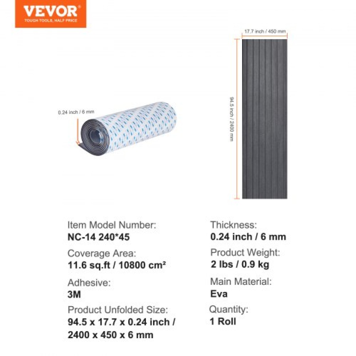VEVOR Boat Flooring, EVA Foam Boat Decking 94,5" x 17,7", Αντιολισθητικό αυτοκόλλητο δάπεδο, 11,6 sq.ft Θαλάσσιο χαλί για σκάφη, γιοτ, Pontoon, δάπεδο καγιάκ