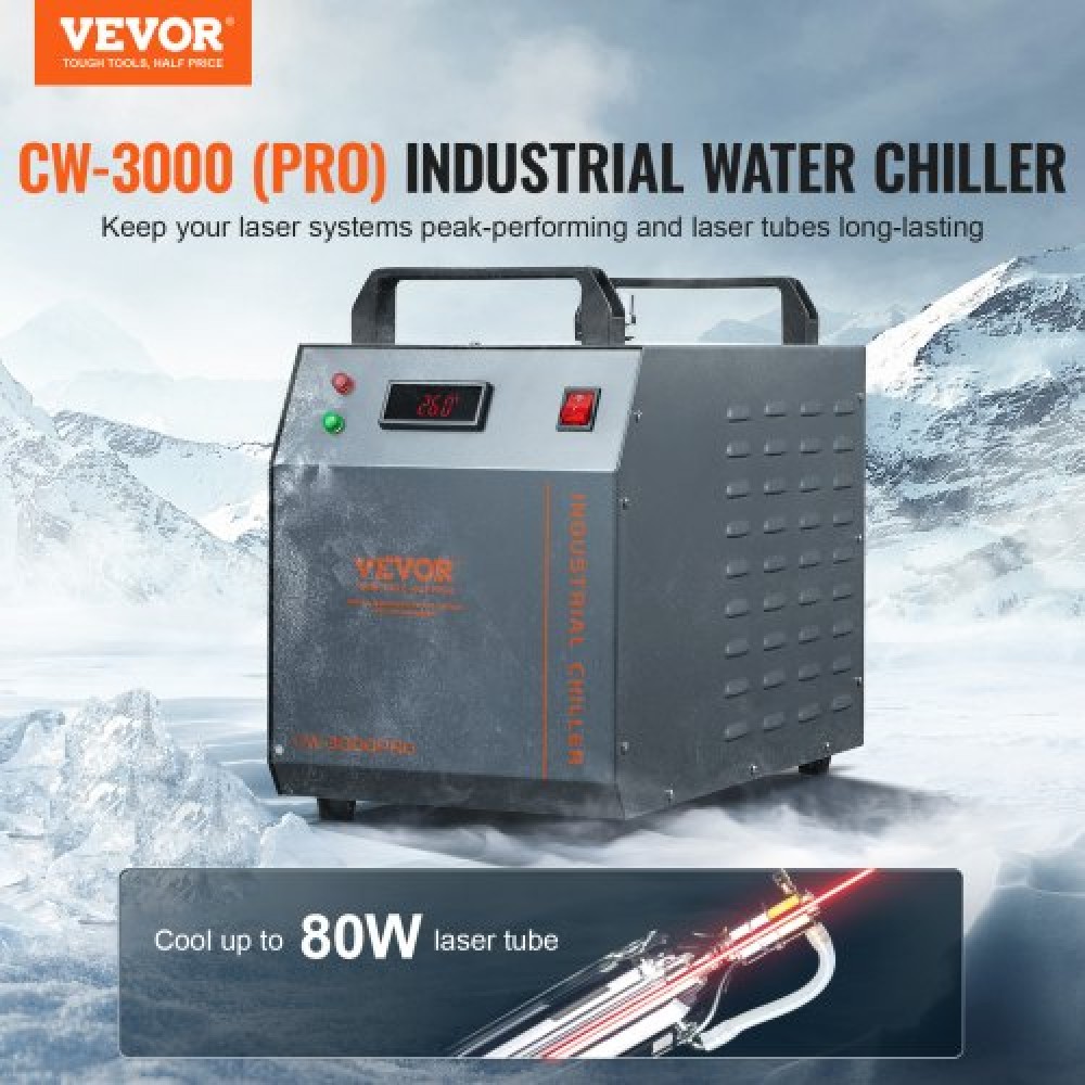VEVOR Industrial Water Chiller CW-3000(PRO), 150W Air Cooled Industrial Water Chiller Cooling System with 12L Water Tank, 18L/min Max Flow Rate, for Laser Engraving Machine Cooling Machine