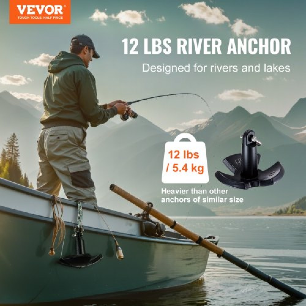 VEVOR River Anchor 12 LBS Boat Anchor Cast Iron Black Vinyl-Coated with Shackle
