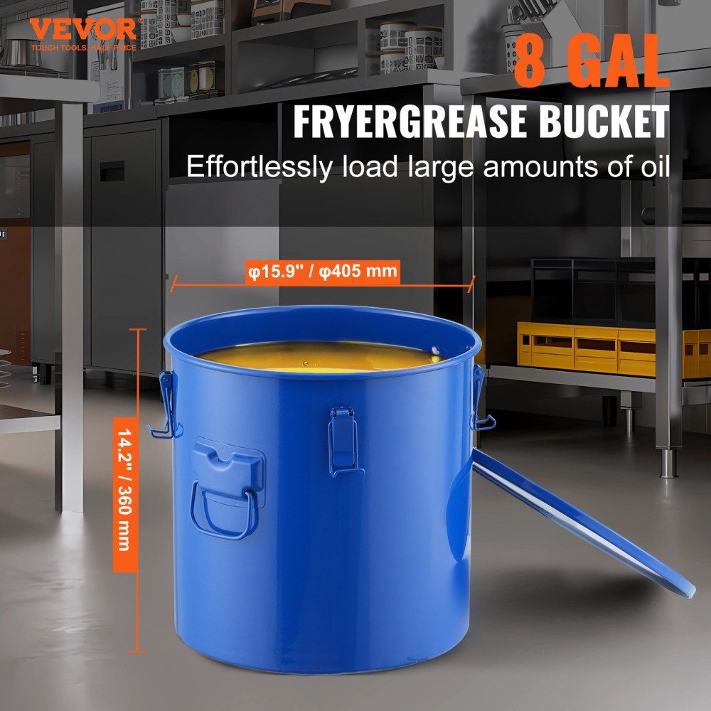 Κάδος λαδιού φριτέζας VEVOR, 8 Gal Oil Disposal Caddy Carbon Steel Κάδος λαδιού φριτέζας με επίστρωση από σκουριά, Δοχείο μεταφοράς λαδιού με καπάκι, κλιπ κλειδώματος, σακούλα φίλτρου για φιλτράρισμα ζεστού μαγειρικού λαδιού, μπλε