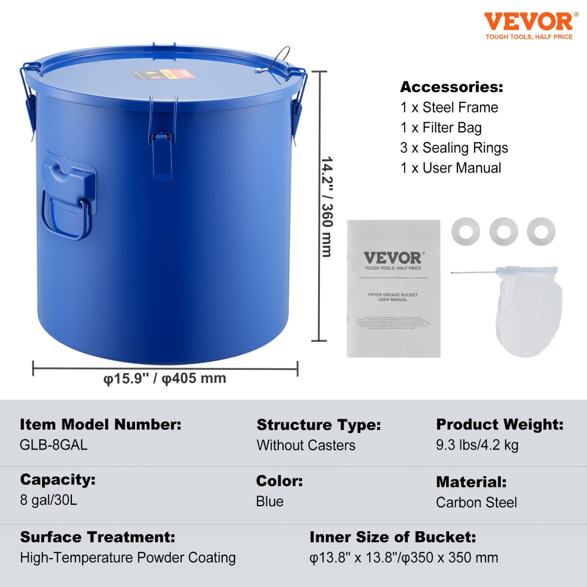 Κάδος λαδιού φριτέζας VEVOR, 8 Gal Oil Disposal Caddy Carbon Steel Κάδος λαδιού φριτέζας με επίστρωση από σκουριά, Δοχείο μεταφοράς λαδιού με καπάκι, κλιπ κλειδώματος, σακούλα φίλτρου για φιλτράρισμα ζεστού μαγειρικού λαδιού, μπλε