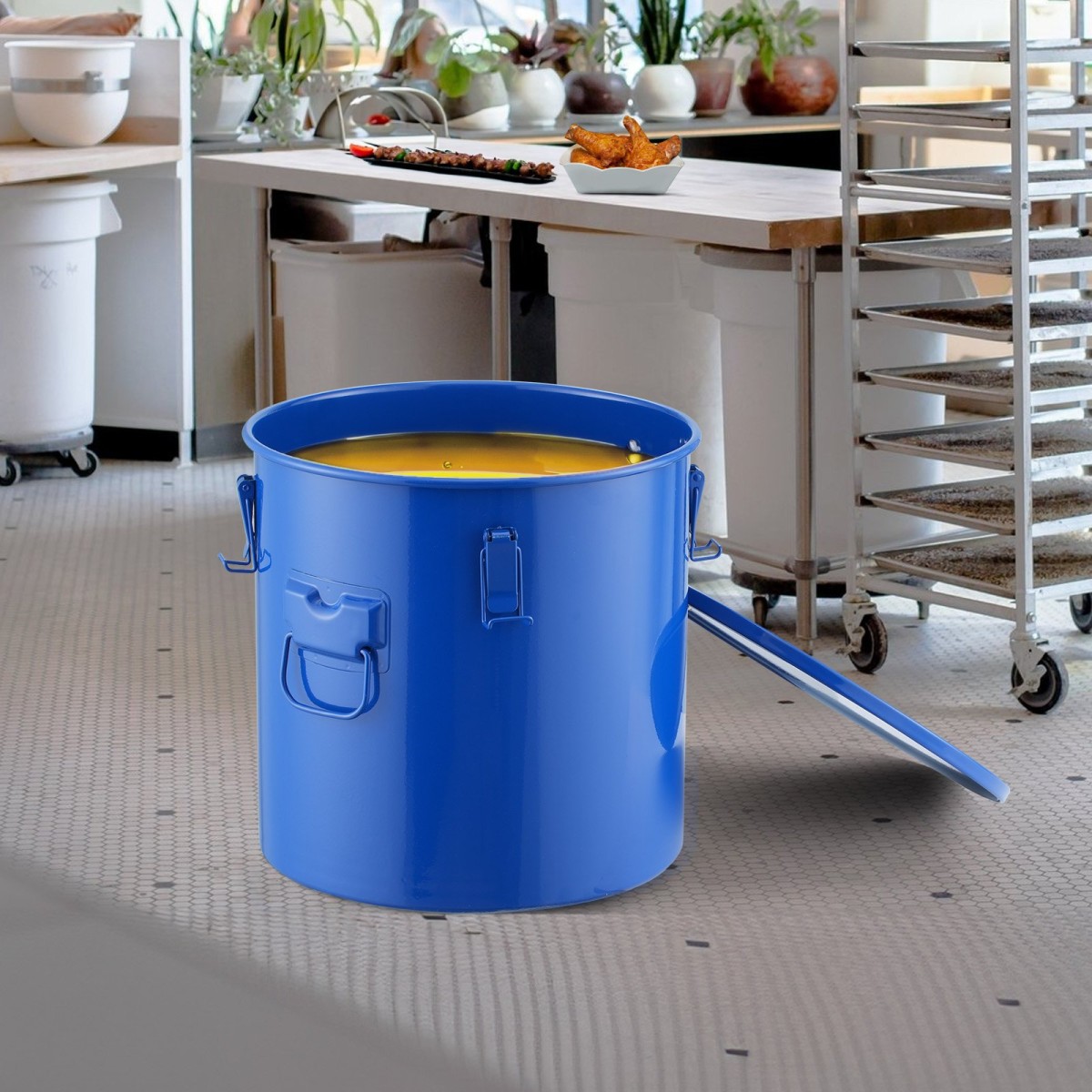 Κάδος λαδιού φριτέζας VEVOR, 8 Gal Oil Disposal Caddy Carbon Steel Κάδος λαδιού φριτέζας με επίστρωση από σκουριά, Δοχείο μεταφοράς λαδιού με καπάκι, κλιπ κλειδώματος, σακούλα φίλτρου για φιλτράρισμα ζεστού μαγειρικού λαδιού, μπλε