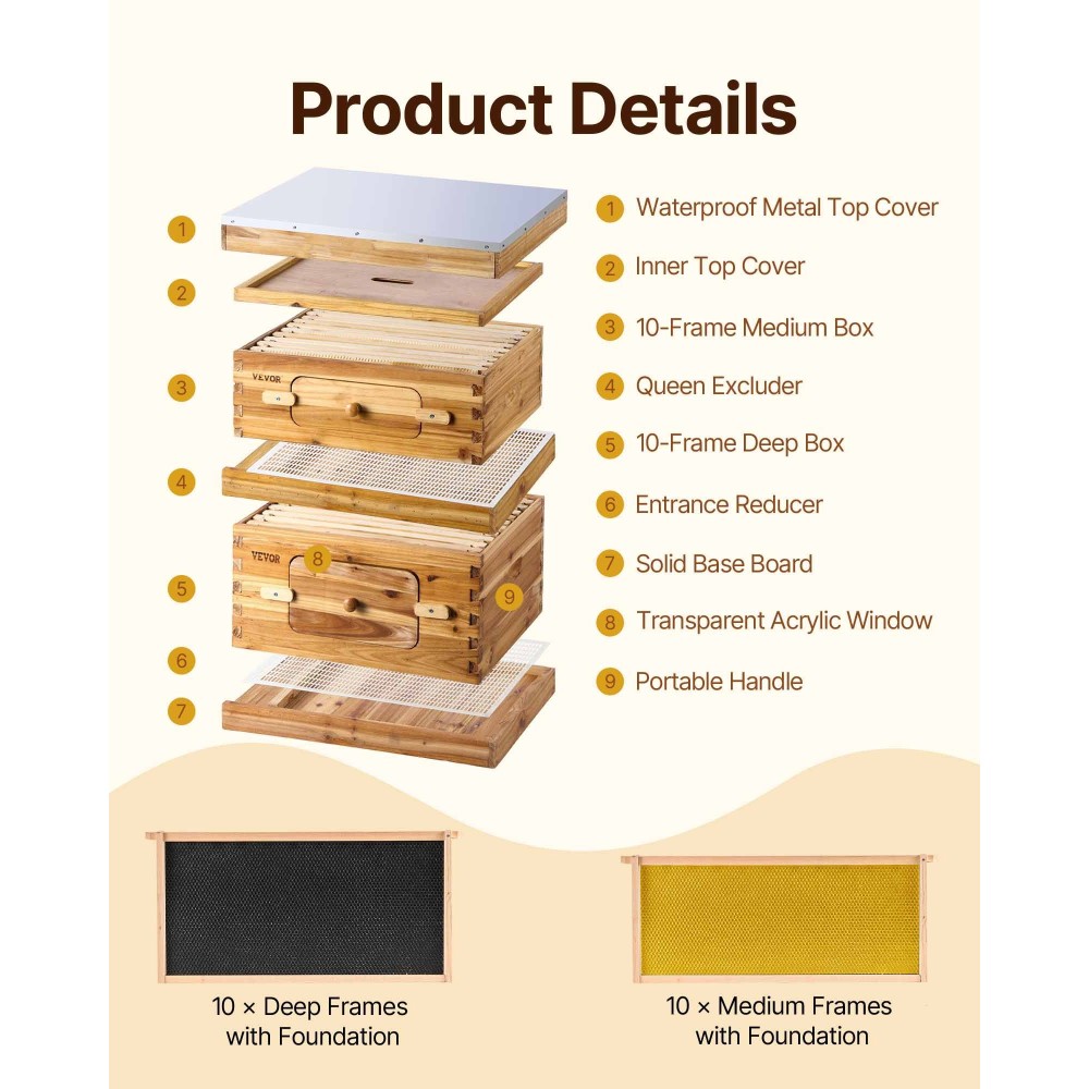 VEVOR Bee Hive 20 Frame Bee Hives Starter Kit, Ξύλο ελάτης με επικάλυψη με κερί μέλισσας, 1 Deep + 1 Medium Bee Boxes Langstroth Beehive Kit, Διαφανή ακρυλικά παράθυρα με βάση για αρχάριους επαγγελματίες μελισσοκόμους