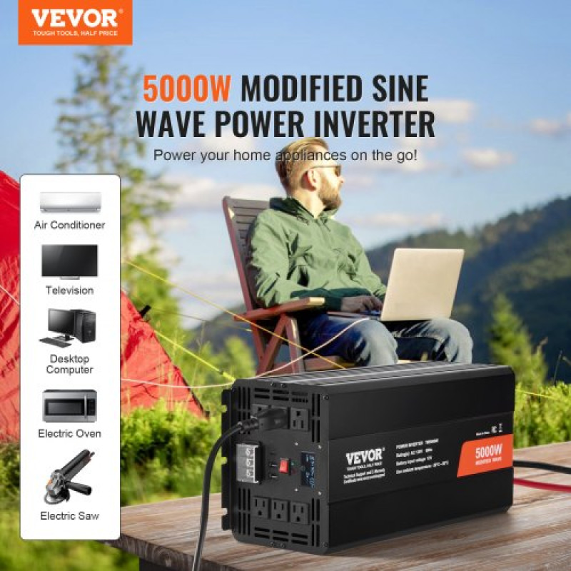 VEVOR Modified Sine Wave Inverter, 5000W, DC 12V σε AC 230V Μετατροπέας ρεύματος με 2 πρίζες AC 2 θύρα USB 1 θύρα Type-C, οθόνη LCD και τηλεχειριστήριο για οικιακές συσκευές υψηλού φορτίου, πιστοποίηση CE FCC