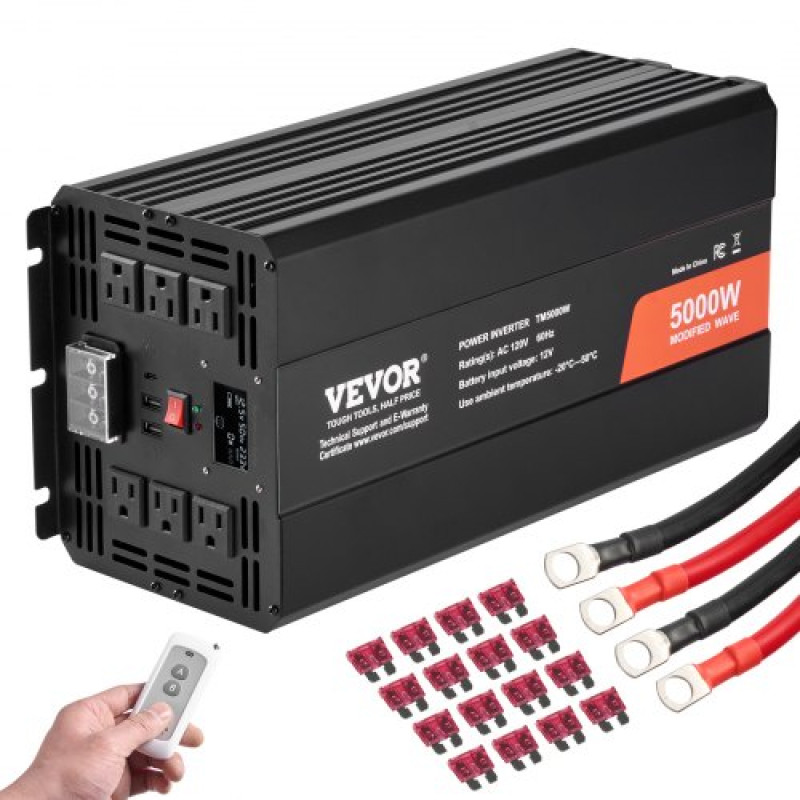 VEVOR Modified Sine Wave Inverter, 5000W, DC 12V σε AC 230V Μετατροπέας ρεύματος με 2 πρίζες AC 2 θύρα USB 1 θύρα Type-C, οθόνη LCD και τηλεχειριστήριο για οικιακές συσκευές υψηλού φορτίου, πιστοποίηση CE FCC