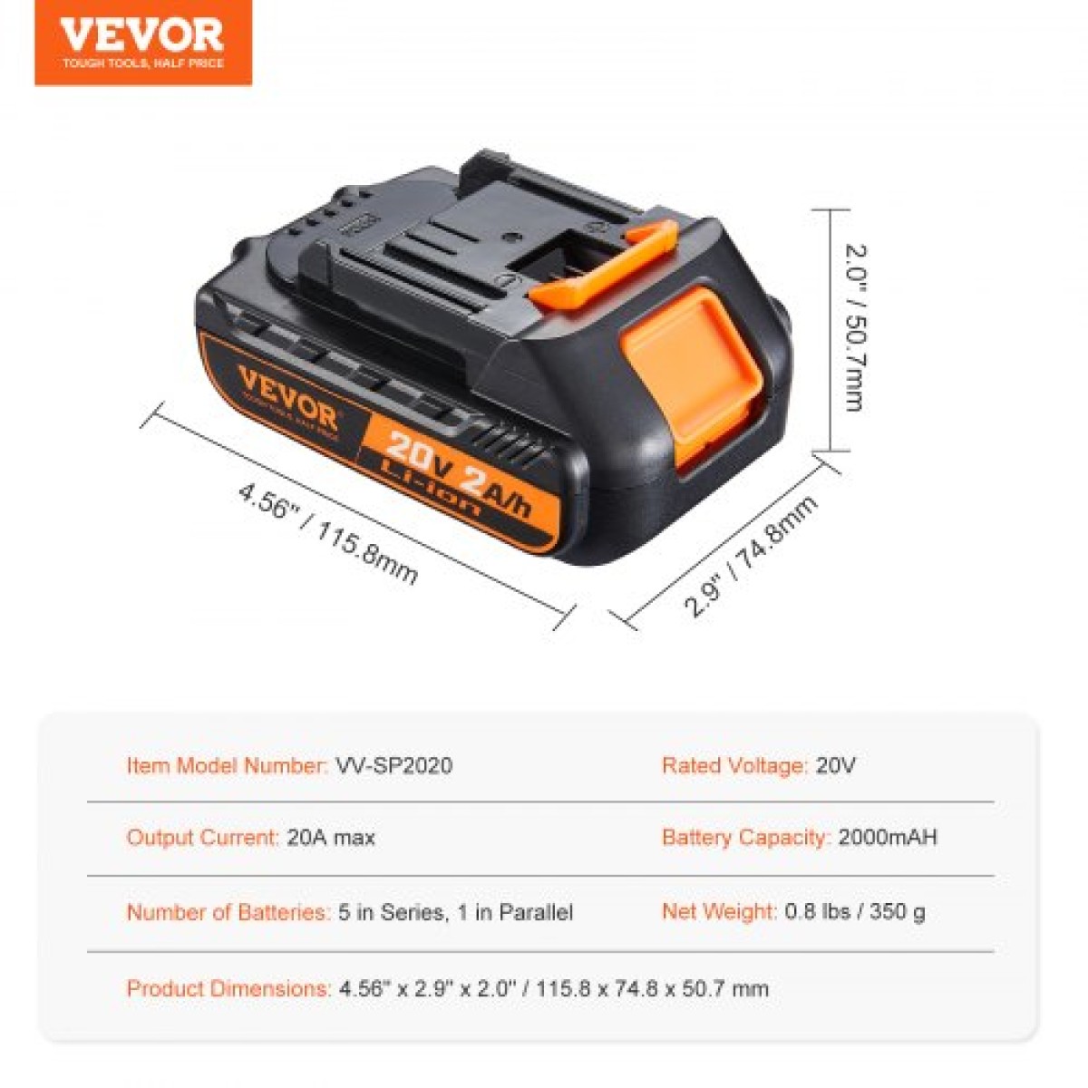 VEVOR 20V 2.0Ah μπαταρία ιόντων λιθίου - Αντικατάσταση μπαταρίας υψηλής χωρητικότητας για μπαταρίες ηλεκτρικών εργαλείων, συμβατή με ηλεκτρικά εργαλεία μπαταρίας 20V