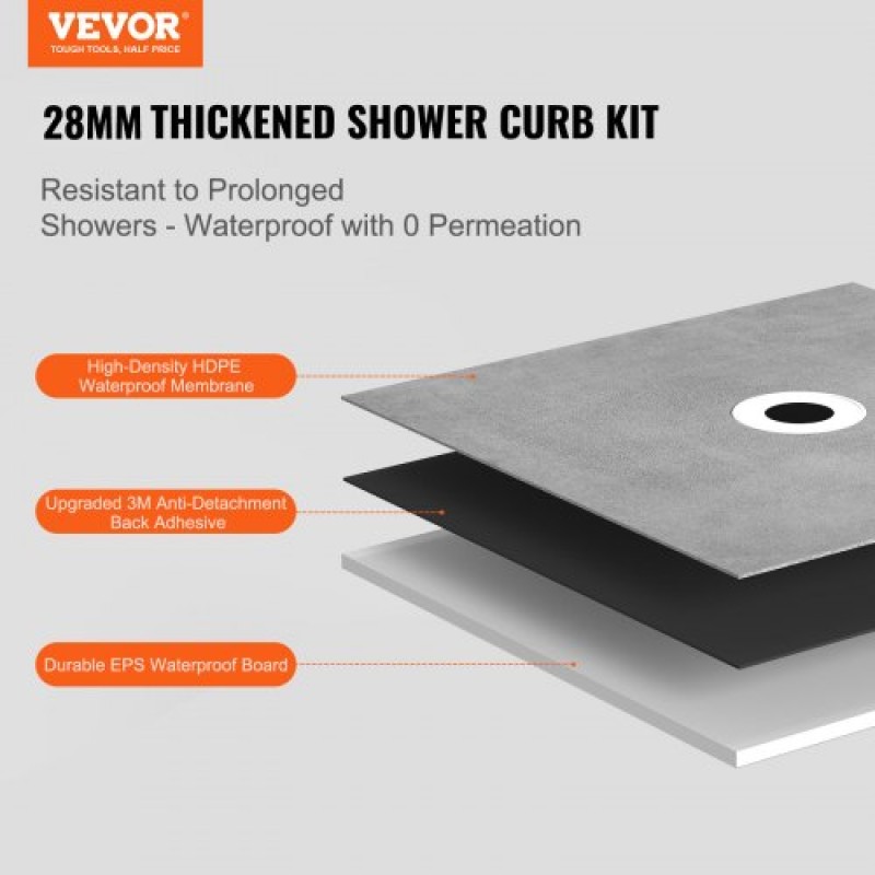VEVOR Shower Curb Kit, 1219x1524mm Shower Pan Kit with 50.8mm ABS Central Flange, Waterproof Membrane, Stainless Steel Grate and Joint Sealant, Shower Pan Slope Sticks Fit for Bathroom