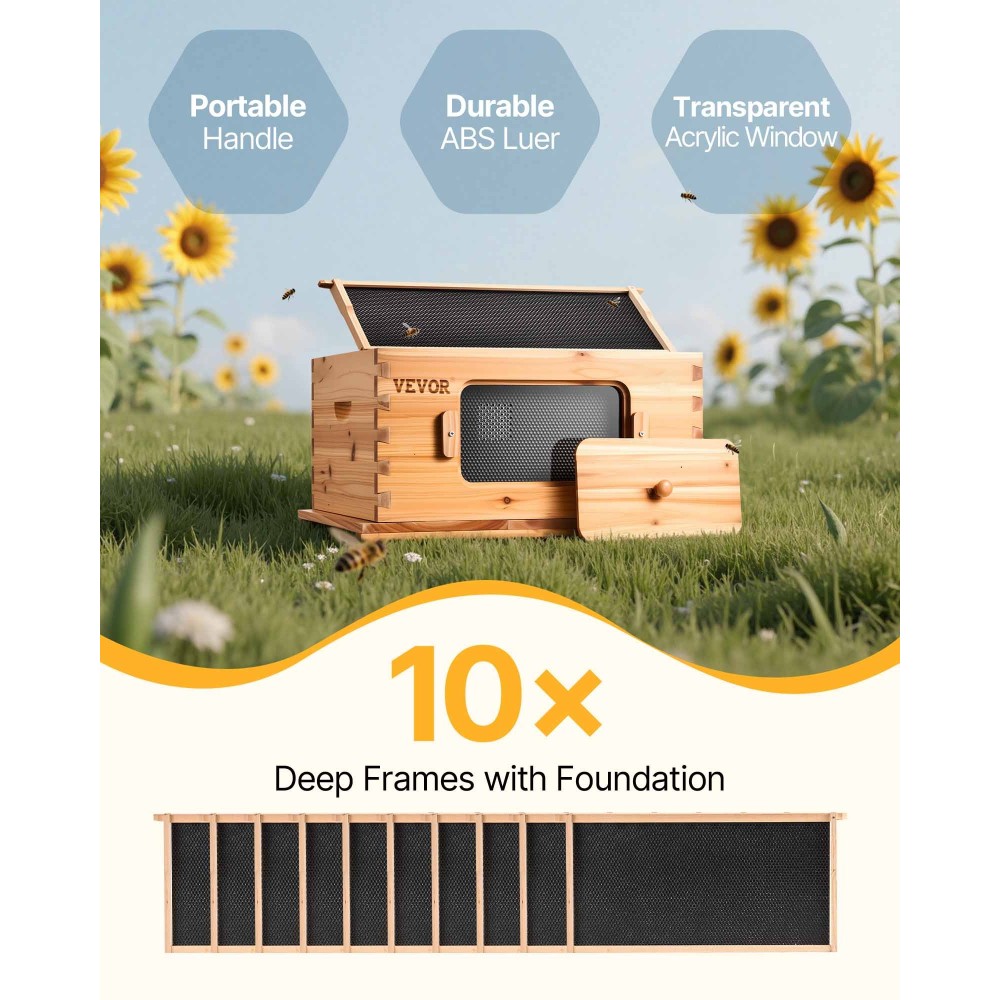 VEVOR Bee Hive Deep Box Starter Kit, 100% με επίστρωση κερί μέλισσας από φυσικό ξύλο ελάτης, Κιτ κυψέλης Langstroth με 10 πλαίσια και θεμέλια, διαφανή ακρυλικά παράθυρα για αρχάριους και επαγγελματίες μελισσοκόμους