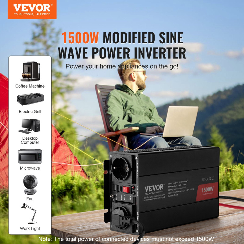 VEVOR Modified Sine Wave Inverter, 1500W, DC 12V to AC 230V Inverter με 2 πρίζες AC 2 θύρα USB 1 θύρα Type-C 6 εφεδρικές ασφάλειες, για μικρές οικιακές συσκευές όπως φορητός υπολογιστής Smartphone, πιστοποίηση CE FCC